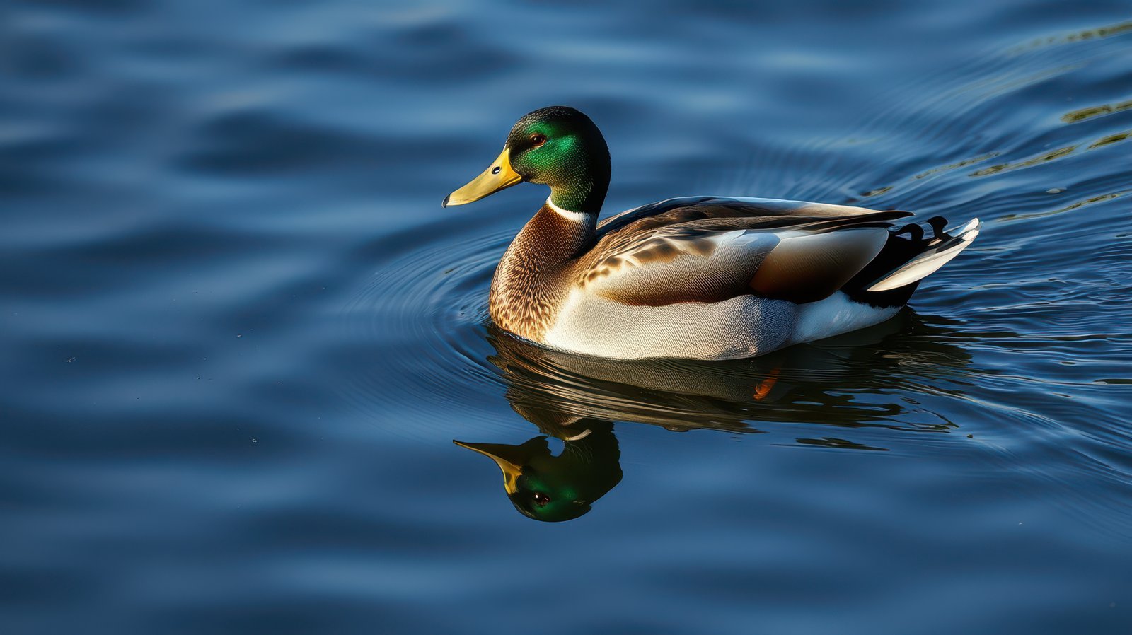 Mallard duck swimming calmly on a serene pond during sunset reflection in the water